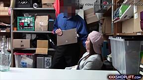 in this hidden cam video, a petite brunette teen shoplifter is caught and has to fuck the security guard to be released
