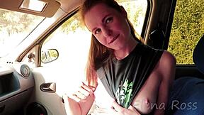 redhead elena ross sucks big cock in car