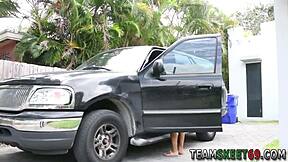 Petite latina teen cums from big cock outdoors