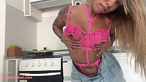 petitechloe got horny making breakfast and used her dildo on her wet pussy