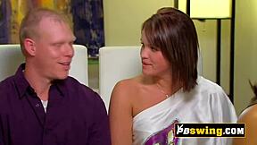 Sexy brunette rides various cocks in wild swinger orgy chaos