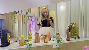 Petite girl in bee costume licks honey and sucks cocks