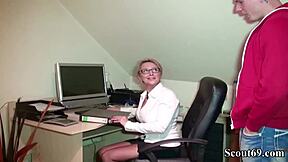 Deutsche Milf Chefin Drills Young Guy at Office Hard