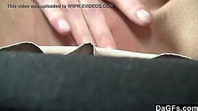 Dagfs shows off dark-haired babe with small tits teasing her hairless slit in public car