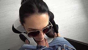 slutty brunette cheerleader gives deep sloppy blowjob and swallows cum pov