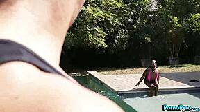 Petite ebony Anne Amari nails delivery guy and pool stud. What a wild double bang!