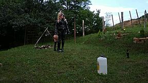 beth kinky, sexy goth domina, trains her shemale horseman in public outdoor bdsm