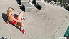 Petite blonde squirts two feet during big cock fucking session