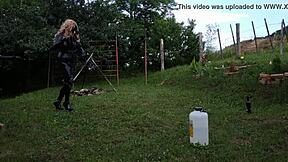 beth kinky, sexy goth domina, trains her shemale horseman in public outdoor bdsm