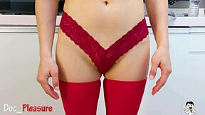 18 year old japanese girl in red stockings and lingerie gets huge cum in pov creampie