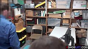 smart ass teen 18+ caught by security in back office during group blowjob at work