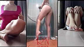 this nice lady in the shower undressing and soaping her cunt