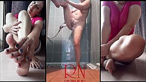 this nice lady in the shower undressing and soaping her cunt