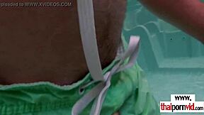 asian-european couple gets wild after pool fun, diving into hardcore muff action!