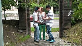 Cute teen Alexis Crystal banged in public threesome