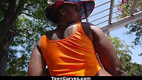 ebony babe bends over and rides cock outdoors