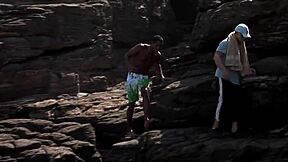 black and white studs drill blonde babe doggystyle on cliff edge