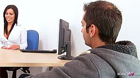 Female teacher seduces big dick guy to fuck her in interview.