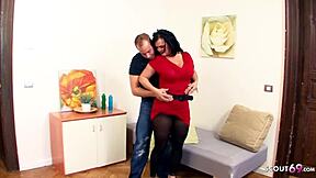 Does the curvy milf get cum on her big tits from stepson?