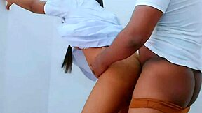 Pretty Petite Teen In Uniform Plays With Balloon Near Couple's Ass