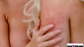 a busty milf gets licked by blindfolded blonde lesbians in a hardcore scene.