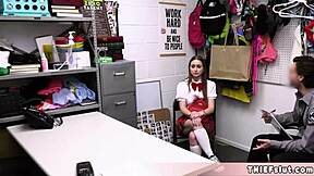 petite teen shoplifter in uniform gets caught and punished backstage