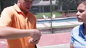 Hey, cute teen sucks coach's big cock