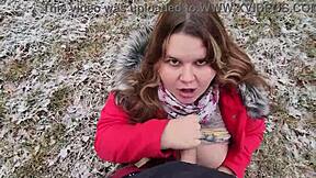 Chubby Girlfriend with Big Boobs Gives Outdoor Blowjob Leading to Facial Cumshot.