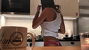 Young Brunette Wife Does Dishes In Tight Leggings With Voyeur Cam On