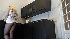 Hot tall blonde wife in kitchen interview