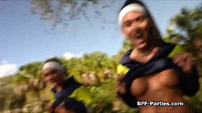 Jogger besties sharing strangers big dick in hardcore 4some