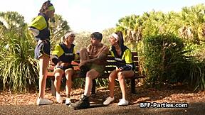 Jogger besties sharing strangers big dick in hardcore 4some