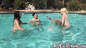 Summer poolside threesome with best friends.
