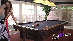 lezzie bff duo banging step-mom right on pool table