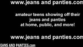 Teen squeezes into skinny jeans with panties showing
