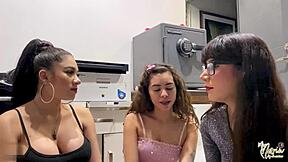 We surprised the brunette neighbor by sucking his dick and eating his cum