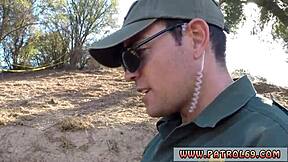 male police stripper meets border hopping redhead in uniform outdoors