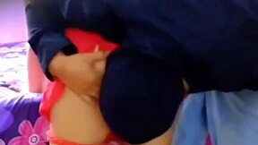 Fucking my wife in red dress while voyeur joins?