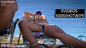 kriss hotwife shows big pussy in micro bikini on beach