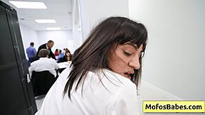 Busty brunette office milf Sasha Pearl sucks Parker Ambrose's huge dick intensely.