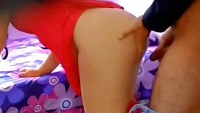 Fucking my wife in red dress while voyeur joins?