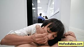 Busty brunette office milf Sasha Pearl sucks Parker Ambrose's huge dick intensely.