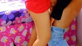 Fucking my wife in red dress while voyeur joins?