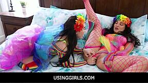 aubree valentine and kimmy kim get into a free use threesome at the pride parade