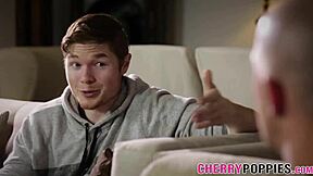 Teen brunette rides big cock while boyfriend watches in cuckold fetish