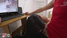 young 18+ brunette deep sucks boyfriend's big cock with handjob and creampie