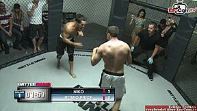 Brunette girl wins as the prize for the fight.