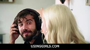 Blonde teen serves boyfriend in front of friends