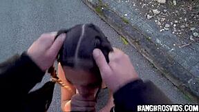 petite brunette rides cock rough in public 😏