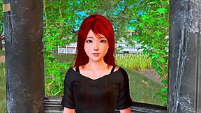 redhead anime girl with big tits in erotic game